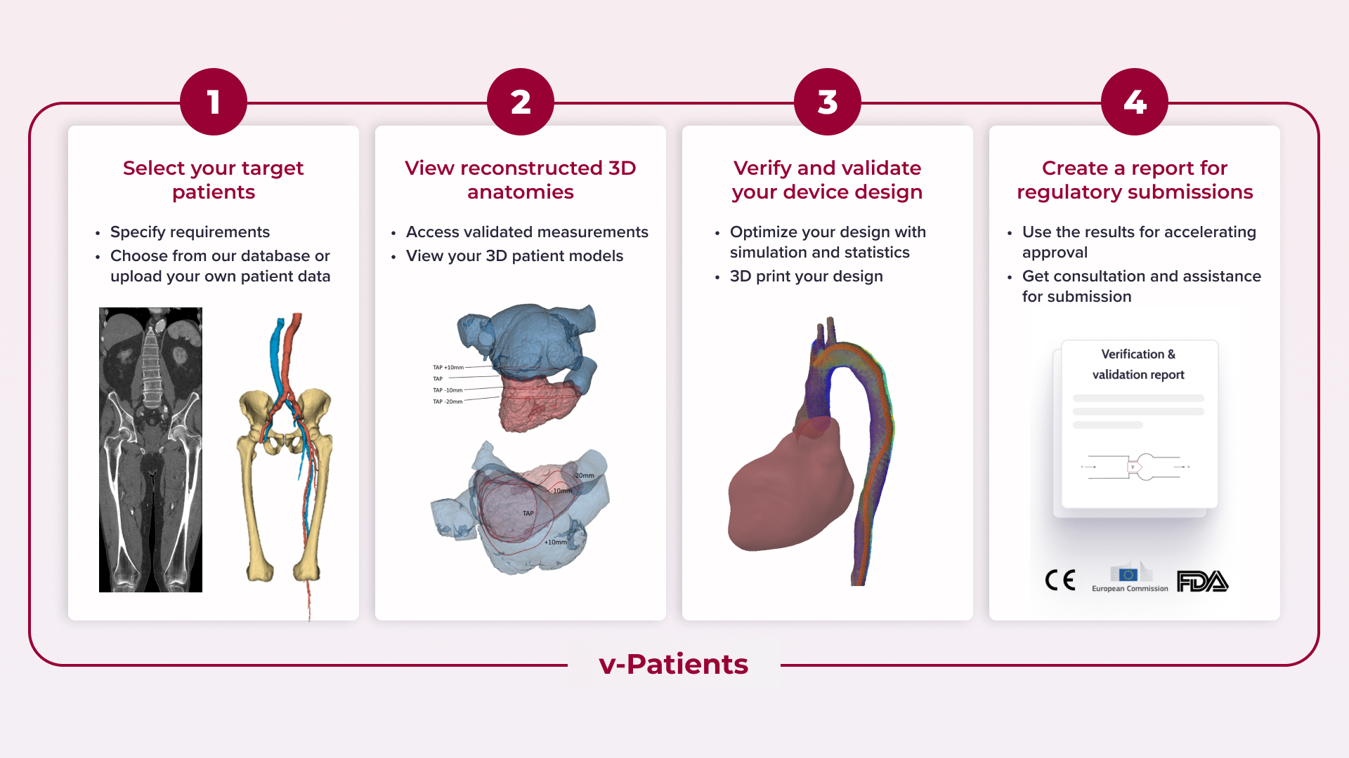An inforgraphic showing the typical steps taken in Virtonomy's software: Selecting virtual patients, getting 3D models, verifying and validating catheter design, and receiving a report for regulatory submission